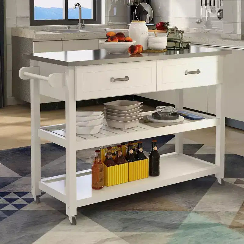 Kitchen Island Table with Stainless Steel Tabletop, Kitchen Cart with 2 Drawers and 2 Open Shelves, Countertop Organizer for Kitchen, White