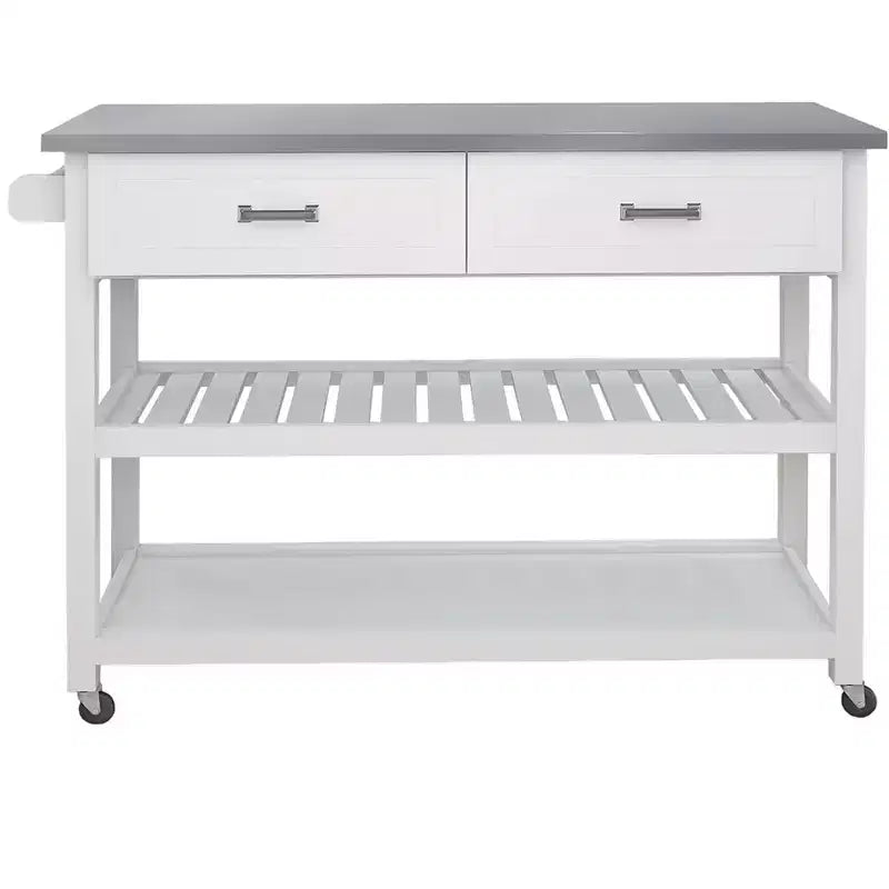 Kitchen Island Table with Stainless Steel Tabletop, Kitchen Cart with 2 Drawers and 2 Open Shelves, Countertop Organizer for Kitchen, White