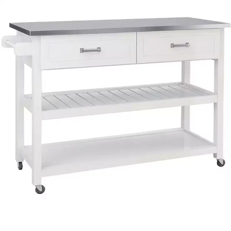 Kitchen Island Table with Stainless Steel Tabletop, Kitchen Cart with 2 Drawers and 2 Open Shelves, Countertop Organizer for Kitchen, White