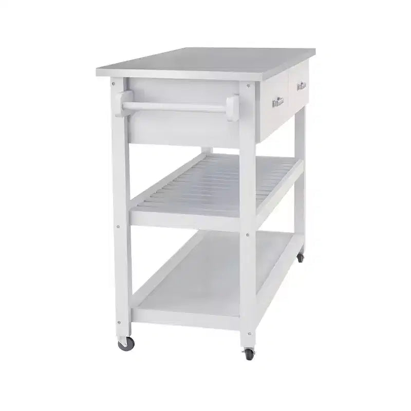 Kitchen Island Table with Stainless Steel Tabletop, Kitchen Cart with 2 Drawers and 2 Open Shelves, Countertop Organizer for Kitchen, White