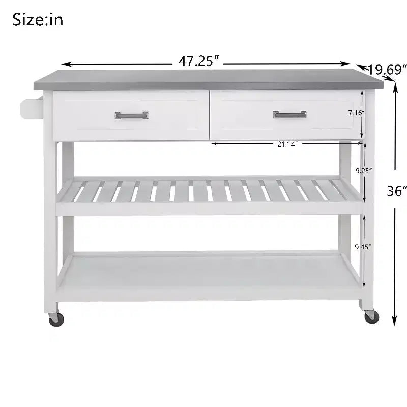 Kitchen Island Table with Stainless Steel Tabletop, Kitchen Cart with 2 Drawers and 2 Open Shelves, Countertop Organizer for Kitchen, White