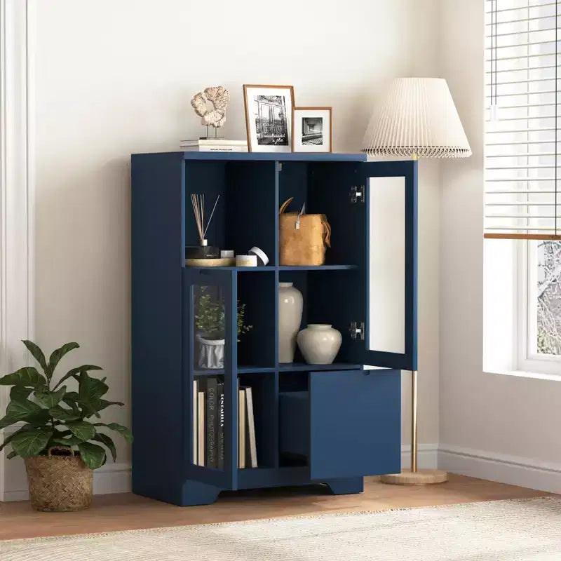 2-Door Painted Storage Cabinet with Glass Doors and Drawer, Open Storage Space