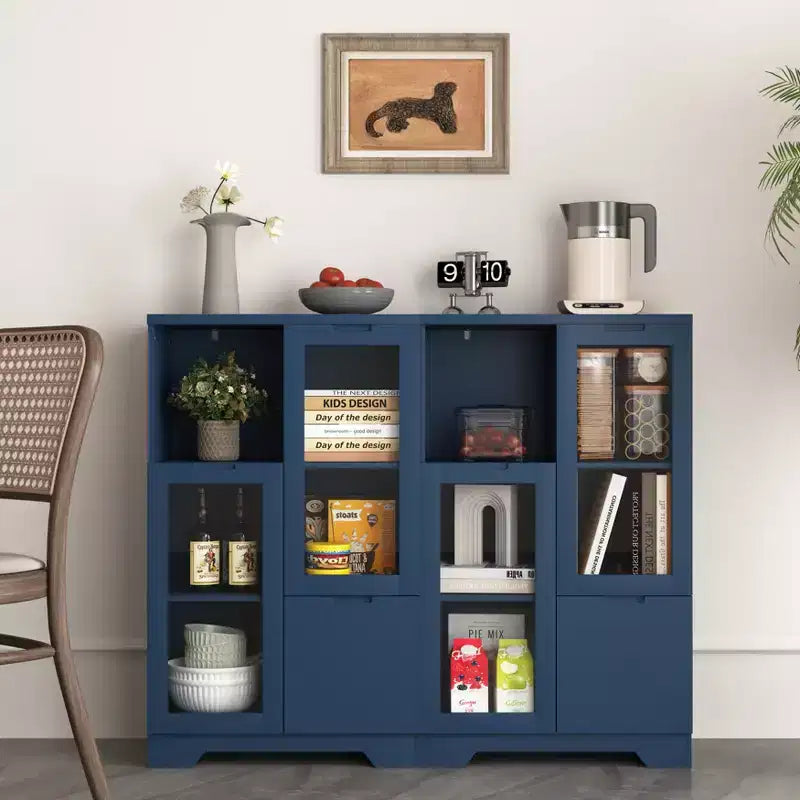2-Door Painted Storage Cabinet with Glass Doors and Drawer, Open Storage Space