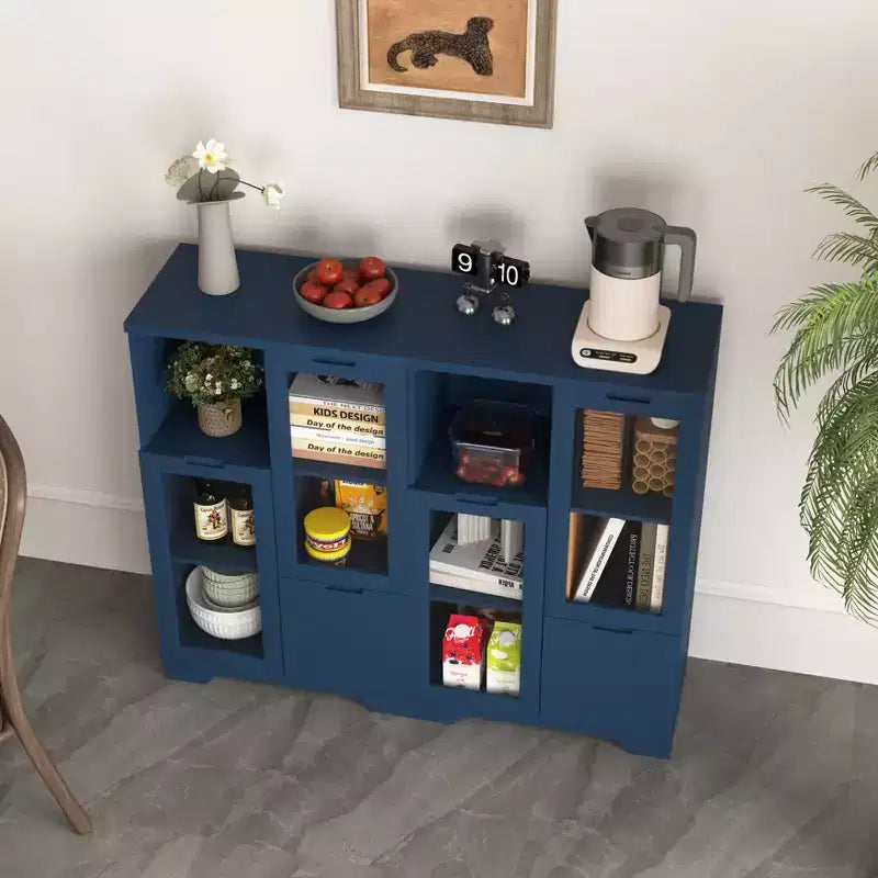 2-Door Painted Storage Cabinet with Glass Doors and Drawer, Open Storage Space