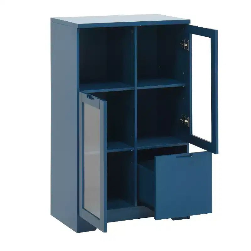2-Door Painted Storage Cabinet with Glass Doors and Drawer, Open Storage Space