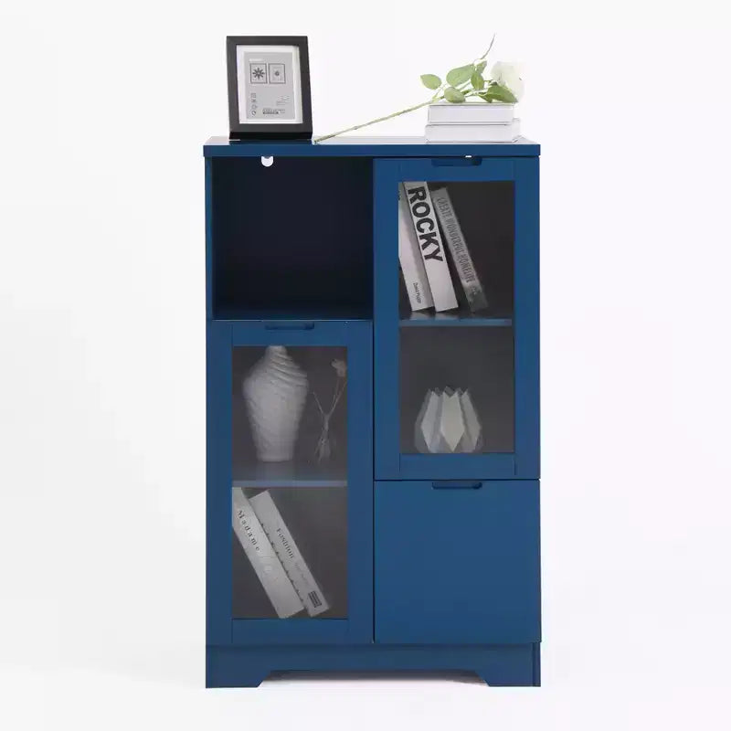 2-Door Painted Storage Cabinet with Glass Doors and Drawer, Open Storage Space