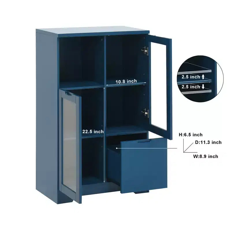 2-Door Painted Storage Cabinet with Glass Doors and Drawer, Open Storage Space