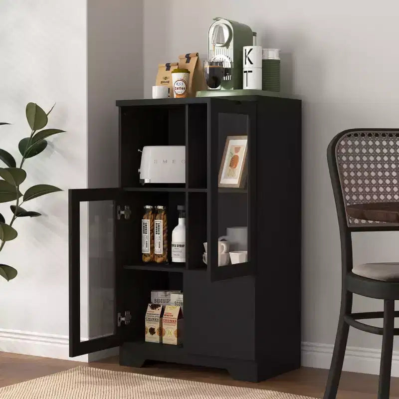 2-Door Painted Storage Cabinet with Glass Doors and Drawer, Open Storage Space