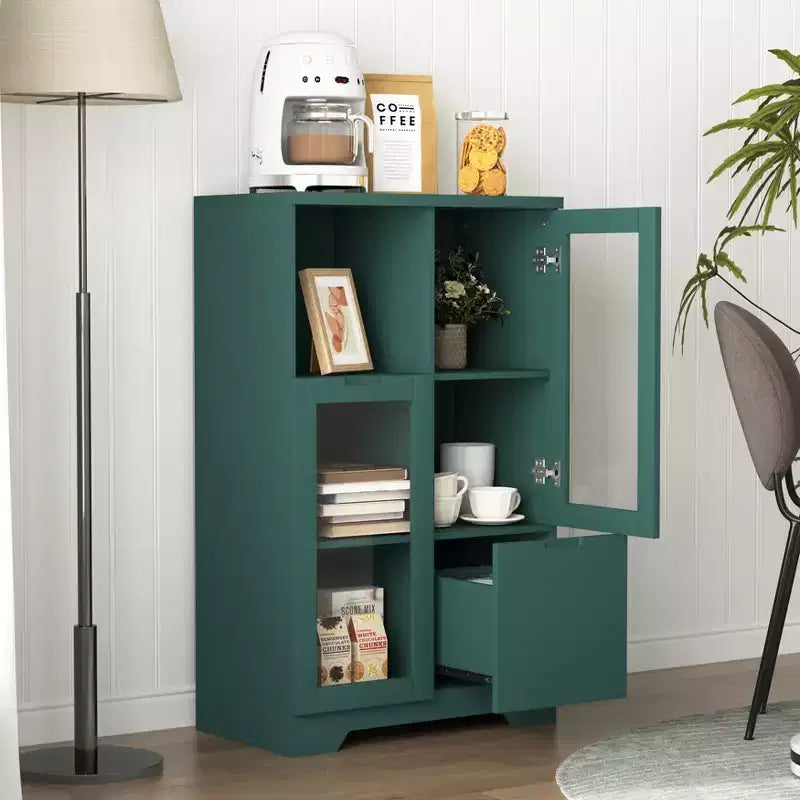 2-Door Painted Storage Cabinet with Glass Doors and Drawer, Open Storage Space