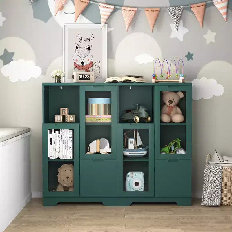 2-Door Painted Storage Cabinet with Glass Doors and Drawer, Open Storage Space