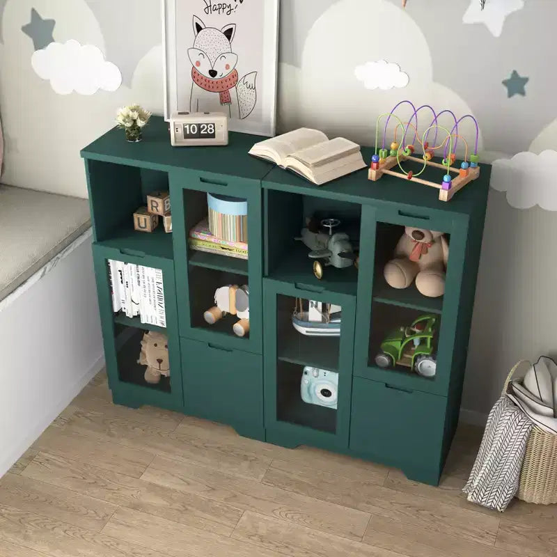 2-Door Painted Storage Cabinet with Glass Doors and Drawer, Open Storage Space