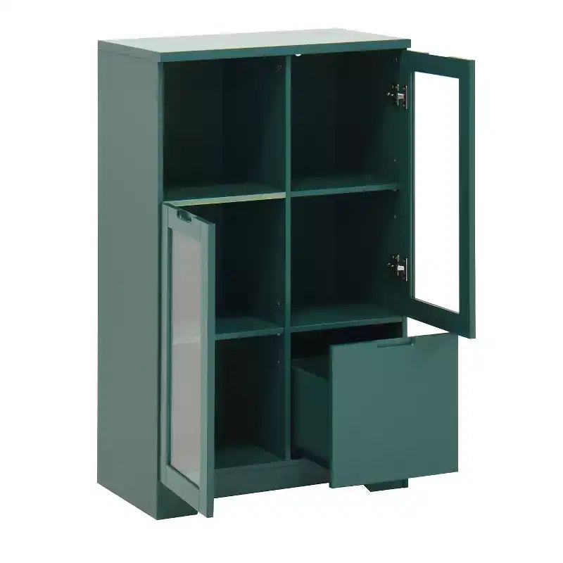 2-Door Painted Storage Cabinet with Glass Doors and Drawer, Open Storage Space