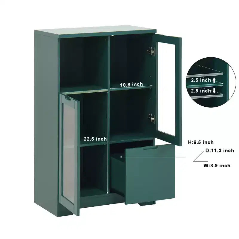 2-Door Painted Storage Cabinet with Glass Doors and Drawer, Open Storage Space
