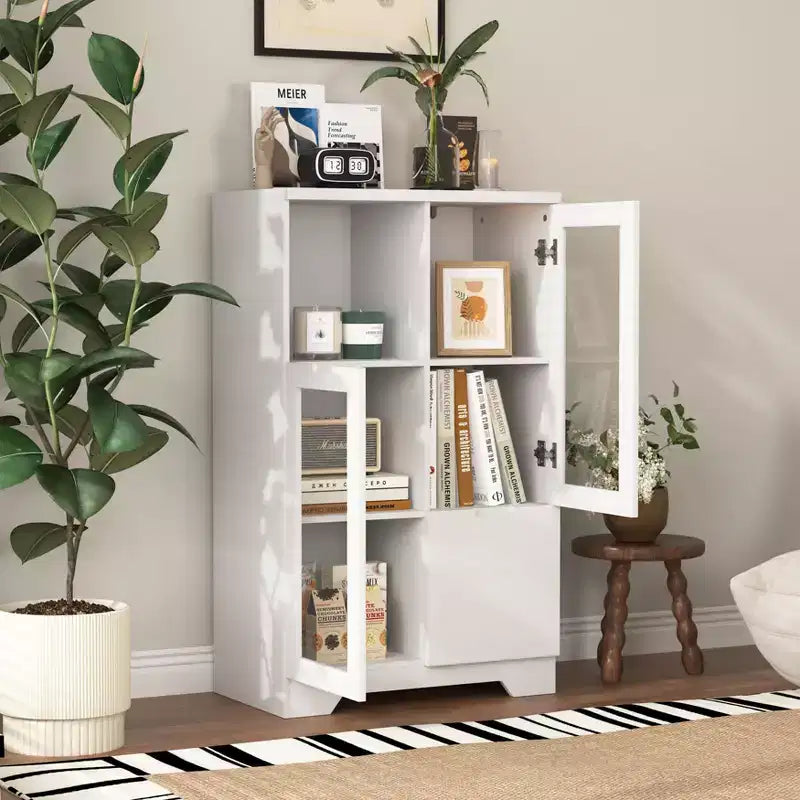 2-Door Painted Storage Cabinet with Glass Doors and Drawer, Open Storage Space