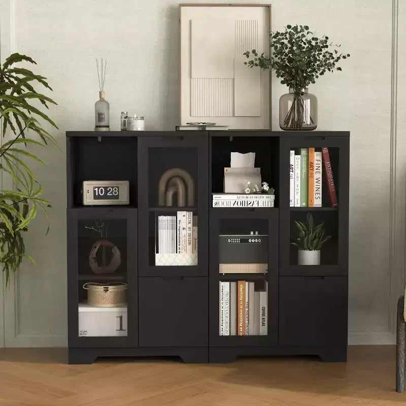 2-Door Painted Storage Cabinet with Glass Doors and Drawer, Open Storage Space