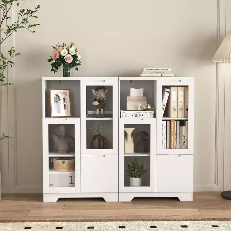 2-Door Painted Storage Cabinet with Glass Doors and Drawer, Open Storage Space
