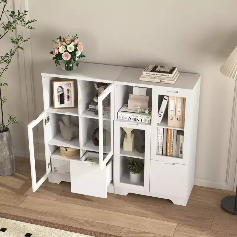 2-Door Painted Storage Cabinet with Glass Doors and Drawer, Open Storage Space