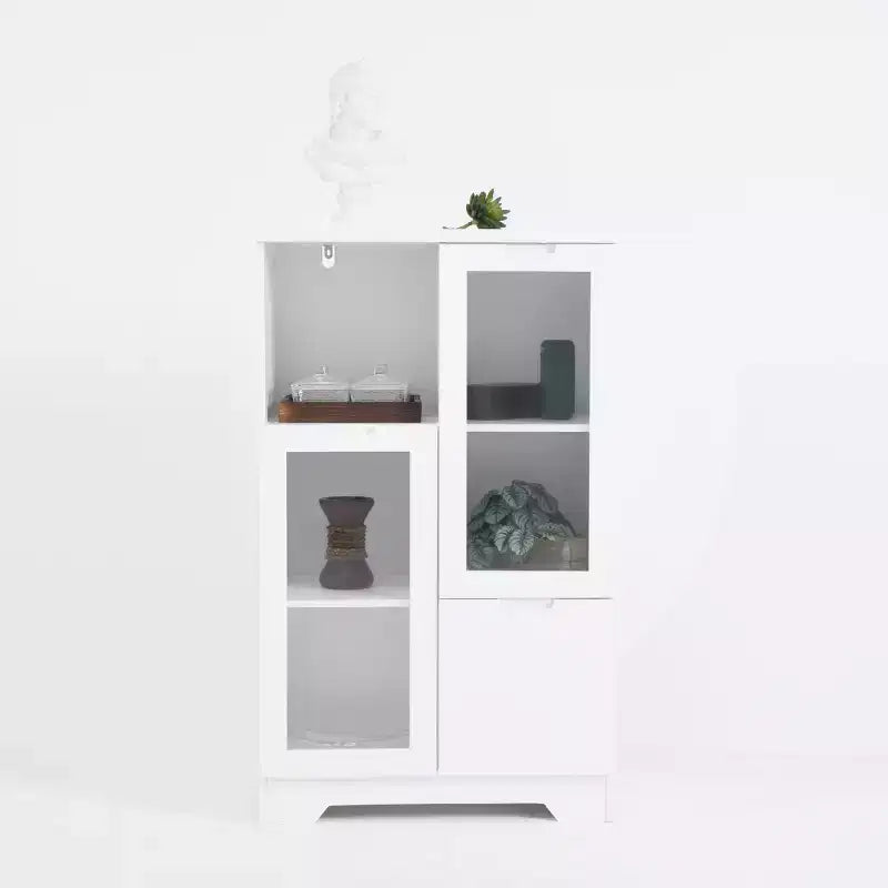 2-Door Painted Storage Cabinet with Glass Doors and Drawer, Open Storage Space