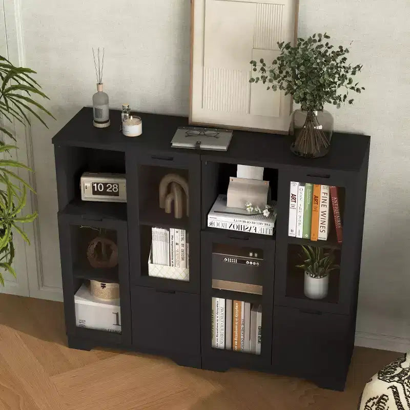 2-Door Painted Storage Cabinet with Glass Doors and Drawer, Open Storage Space