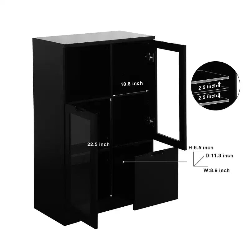 2-Door Painted Storage Cabinet with Glass Doors and Drawer, Open Storage Space
