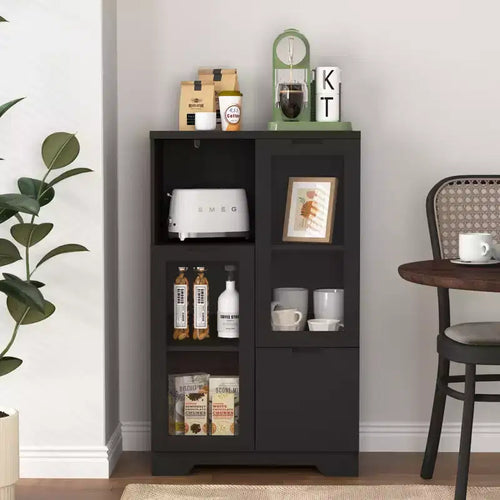 CLIHOME 2-Door Painted Storage Cabinet with Glass Doors and Drawer, Open Storage Space