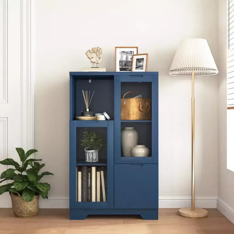 2-Door Painted Storage Cabinet with Glass Doors and Drawer, Open Storage Space