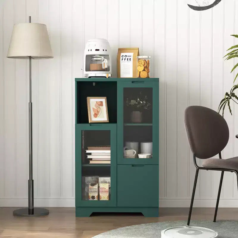 2-Door Painted Storage Cabinet with Glass Doors and Drawer, Open Storage Space