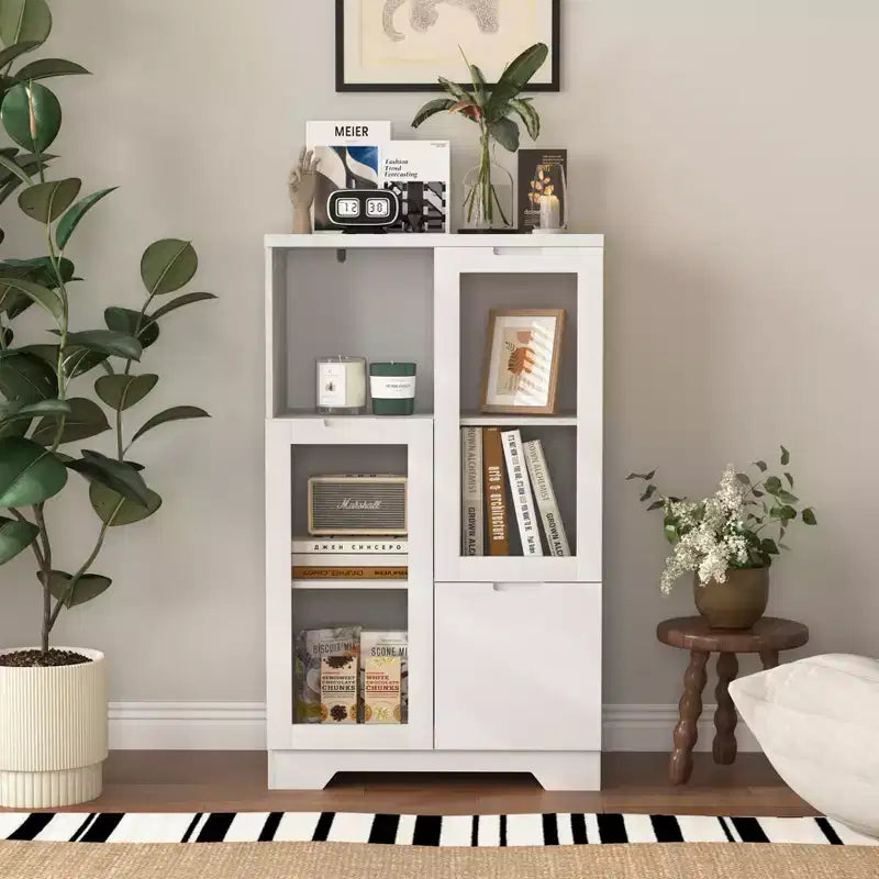 2-Door Painted Storage Cabinet with Glass Doors and Drawer, Open Storage Space