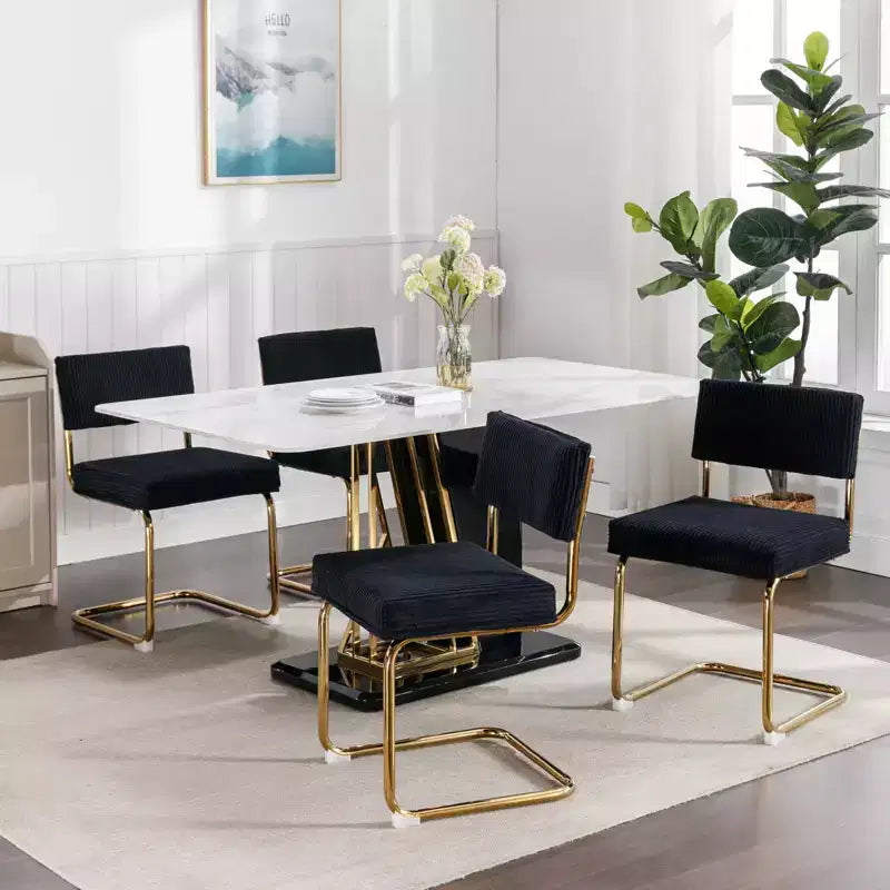 Modern Dining Chairs - Corduroy Fabric, Gold Metal Base, Channel Tufting, Armless, Set of 2