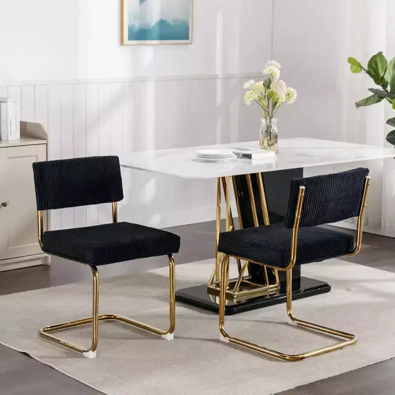 Modern Dining Chairs - Corduroy Fabric, Gold Metal Base, Channel Tufting, Armless, Set of 2
