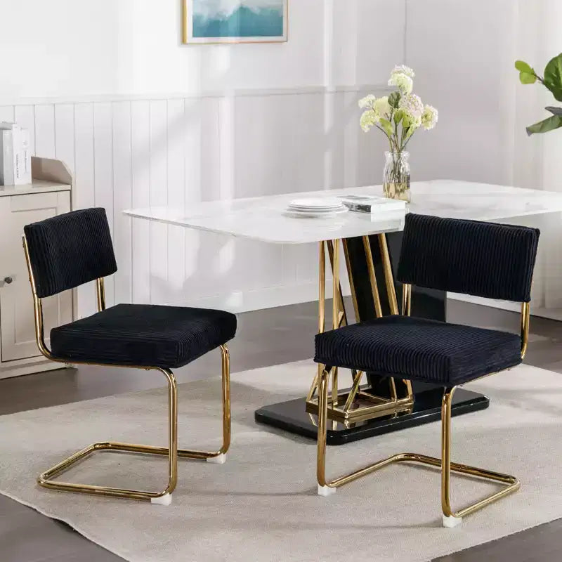 Modern Dining Chairs - Corduroy Fabric, Gold Metal Base, Channel Tufting, Armless, Set of 2