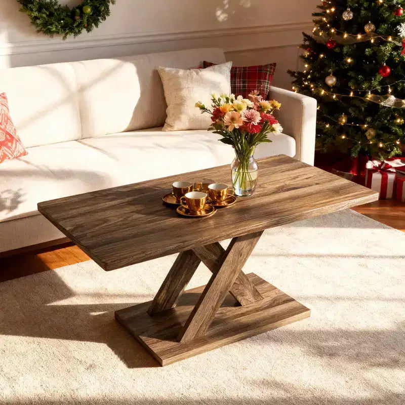 37.5 Coffee Table with Stable Base & Rubber Wood Connection for Living Room