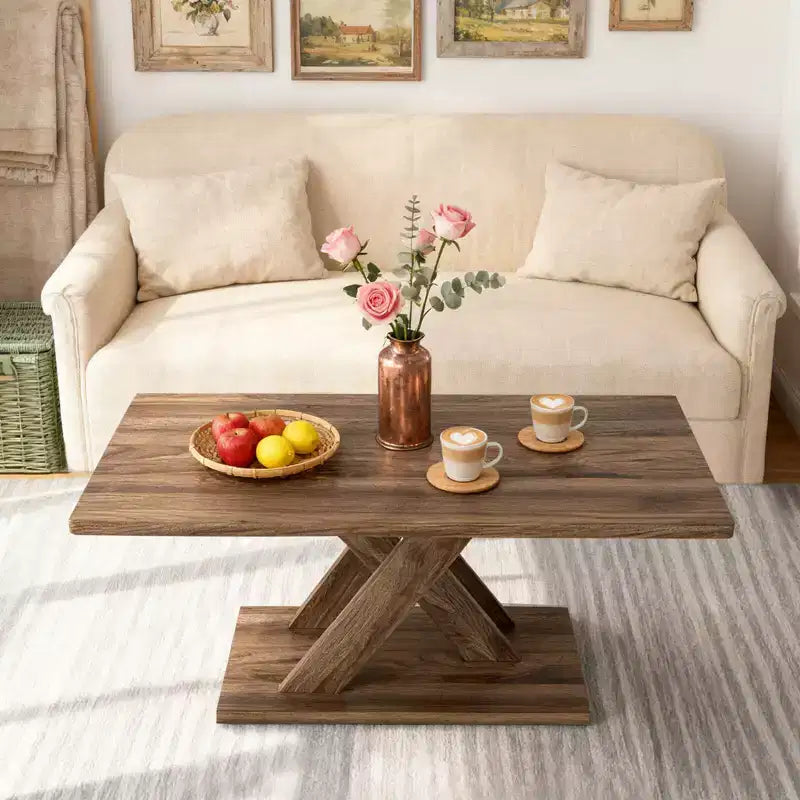 37.5 Coffee Table with Stable Base & Rubber Wood Connection for Living Room