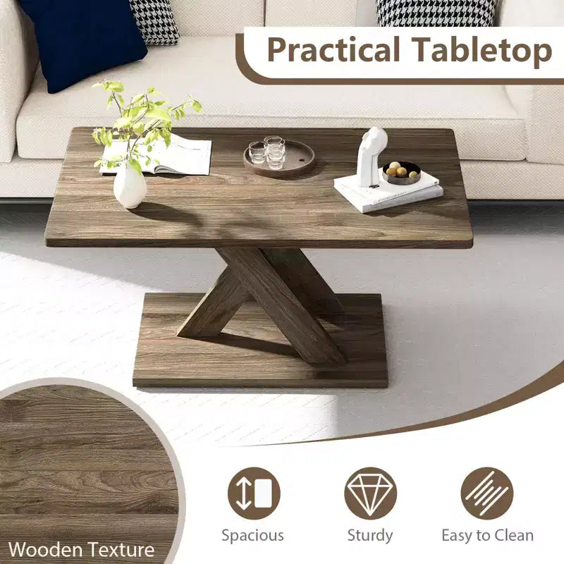 37.5 Coffee Table with Stable Base & Rubber Wood Connection for Living Room
