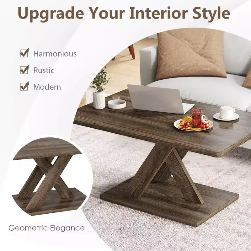 37.5 Coffee Table with Stable Base & Rubber Wood Connection for Living Room