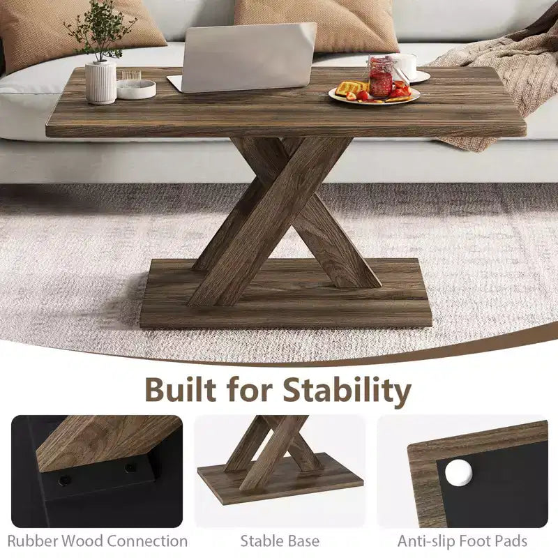 37.5 Coffee Table with Stable Base & Rubber Wood Connection for Living Room