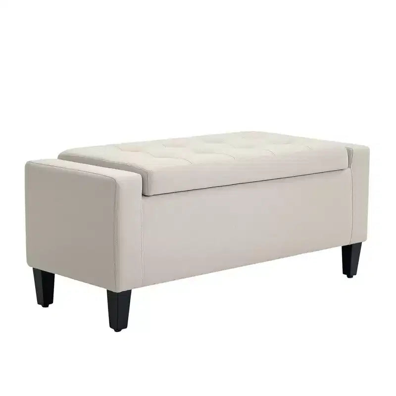 36 Ottoman with Storage, Storage Ottoman Bench with Lift Top and Rubberwood Legs, Linen Upholstered Entryway Bench with Seating for Living Room