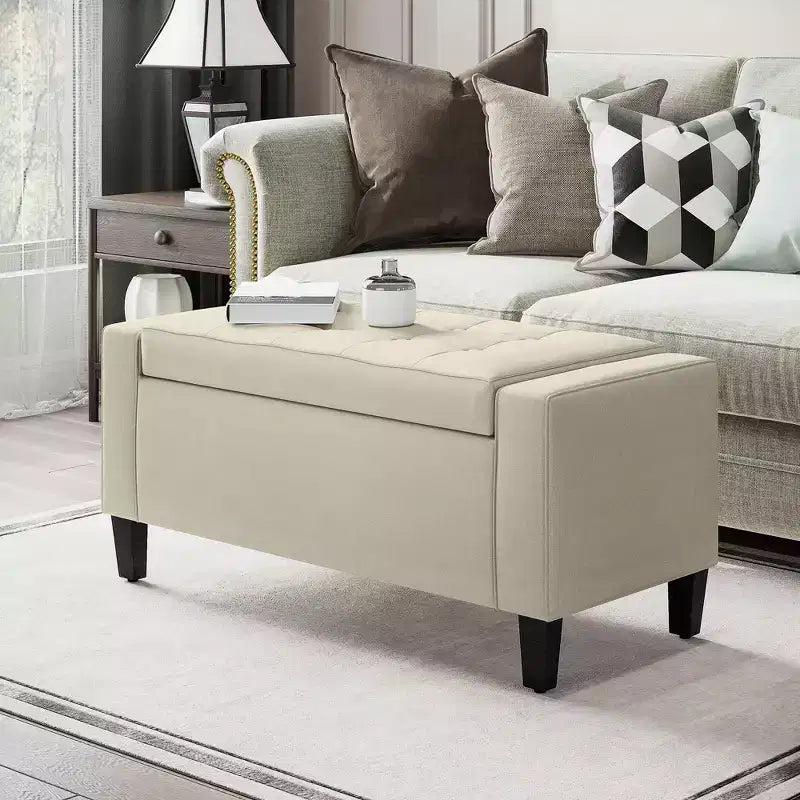 36 Ottoman with Storage, Storage Ottoman Bench with Lift Top and Rubberwood Legs, Linen Upholstered Entryway Bench with Seating for Living Room