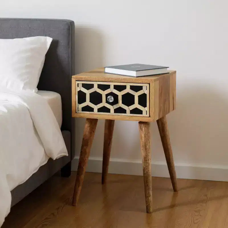 20 Black White And Brown Solid Wood Geometric Bone Inlay One Drawer Nightstand
