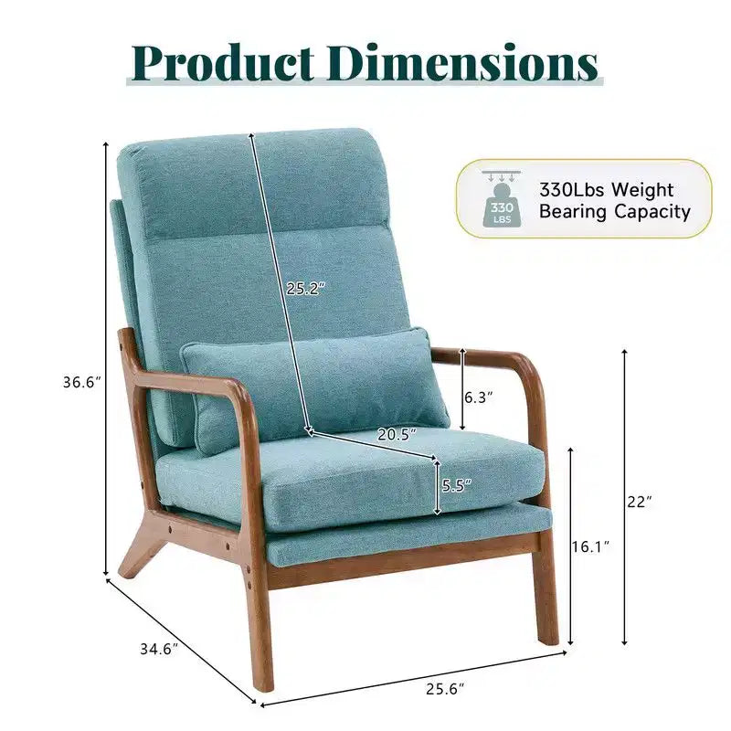 2pcs High Back Solid Wood Armrest Backrest Iron Frame Linen Indoor Leisure Chair