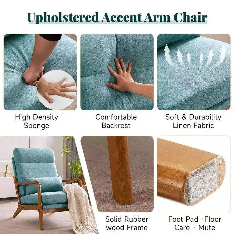 2pcs High Back Solid Wood Armrest Backrest Iron Frame Linen Indoor Leisure Chair