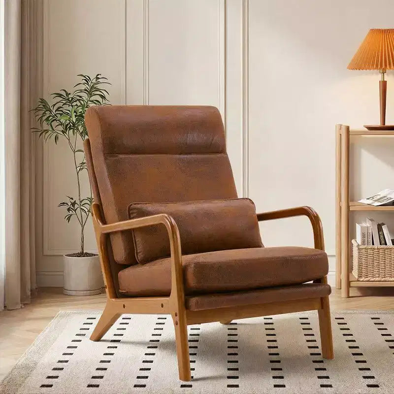 2pcs High Back Solid Wood Armrest Backrest Iron Frame Linen Indoor Leisure Chair