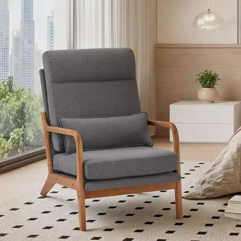 2pcs High Back Solid Wood Armrest Backrest Iron Frame Linen Indoor Leisure Chair