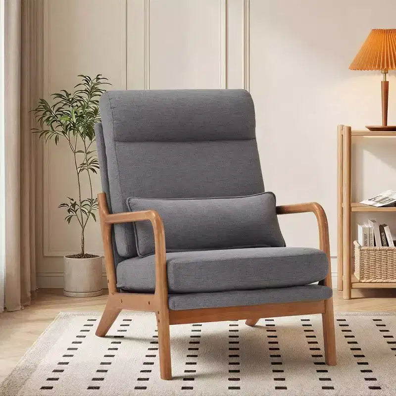 2pcs High Back Solid Wood Armrest Backrest Iron Frame Linen Indoor Leisure Chair