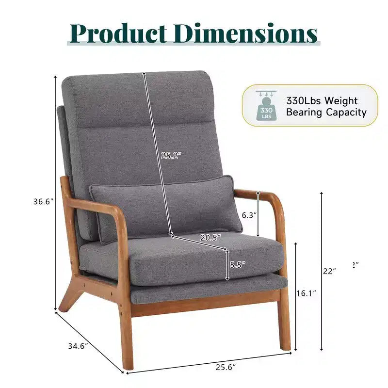 2pcs High Back Solid Wood Armrest Backrest Iron Frame Linen Indoor Leisure Chair