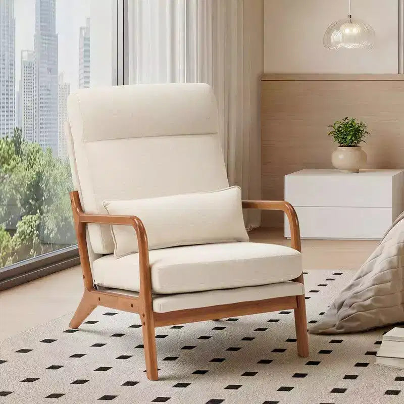 2pcs High Back Solid Wood Armrest Backrest Iron Frame Linen Indoor Leisure Chair