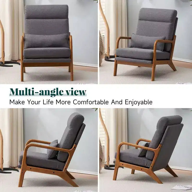 2pcs High Back Solid Wood Armrest Backrest Iron Frame Linen Indoor Leisure Chair