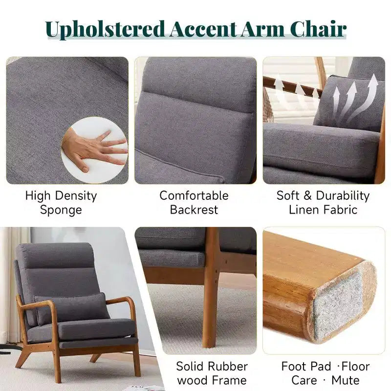 2pcs High Back Solid Wood Armrest Backrest Iron Frame Linen Indoor Leisure Chair