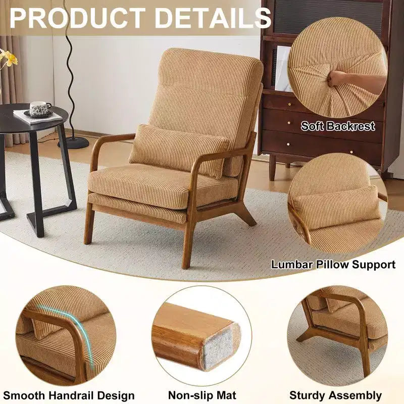 2pcs High Back Solid Wood Armrest Backrest Iron Frame Linen Indoor Leisure Chair