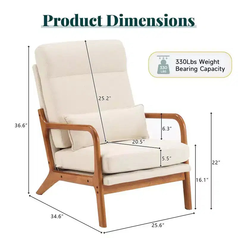 2pcs High Back Solid Wood Armrest Backrest Iron Frame Linen Indoor Leisure Chair